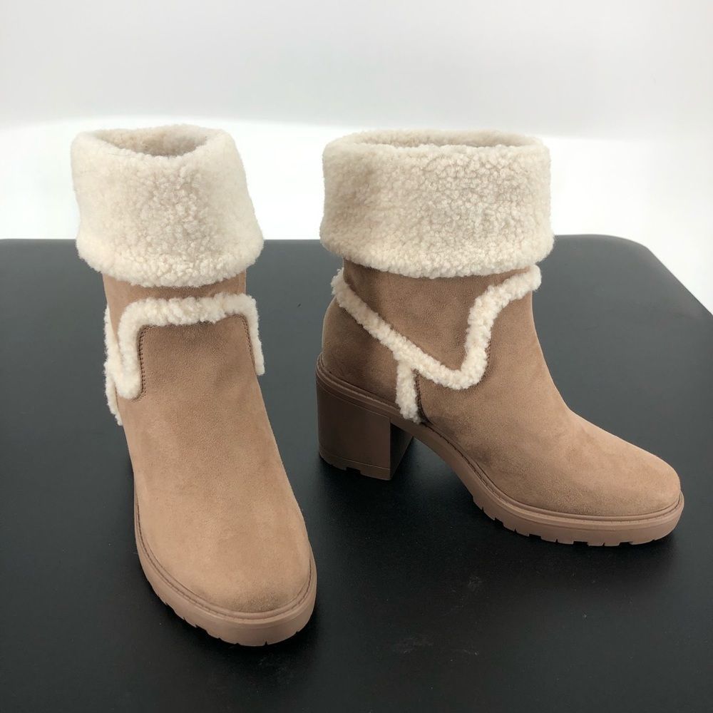 JustFab Taupe Ellie Faux Sherpa Trim Lug Sole Bootie - Picture 2 of 12